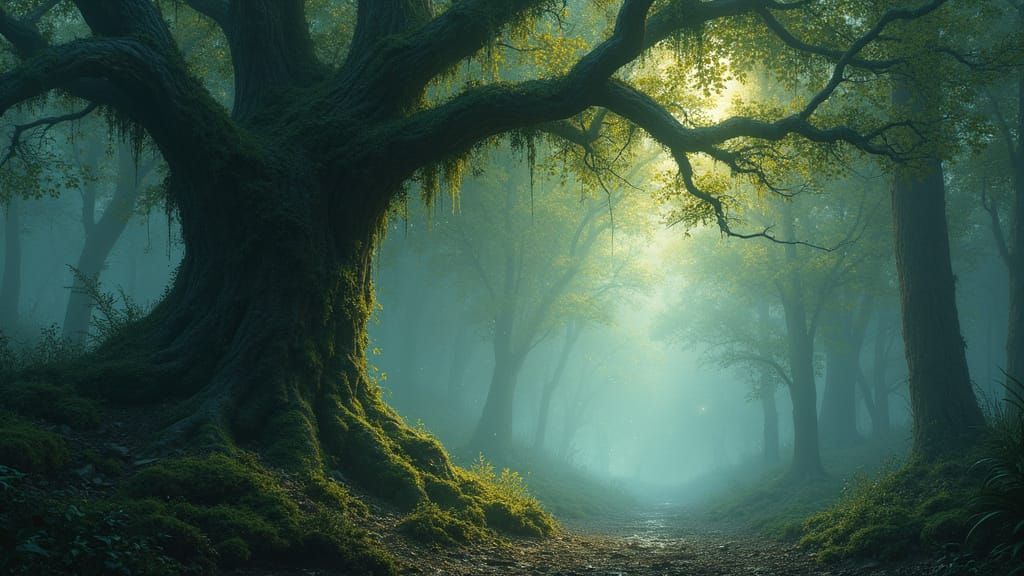 Mystical Forest Canopy with Glowing Moss