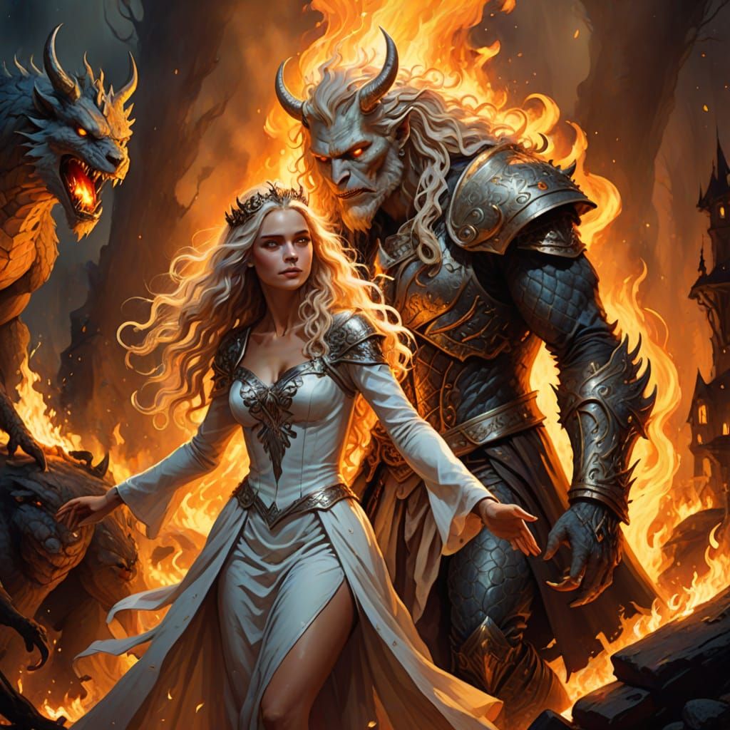 Fantasy Dance around Fiery Flames in a Surreal Landscape