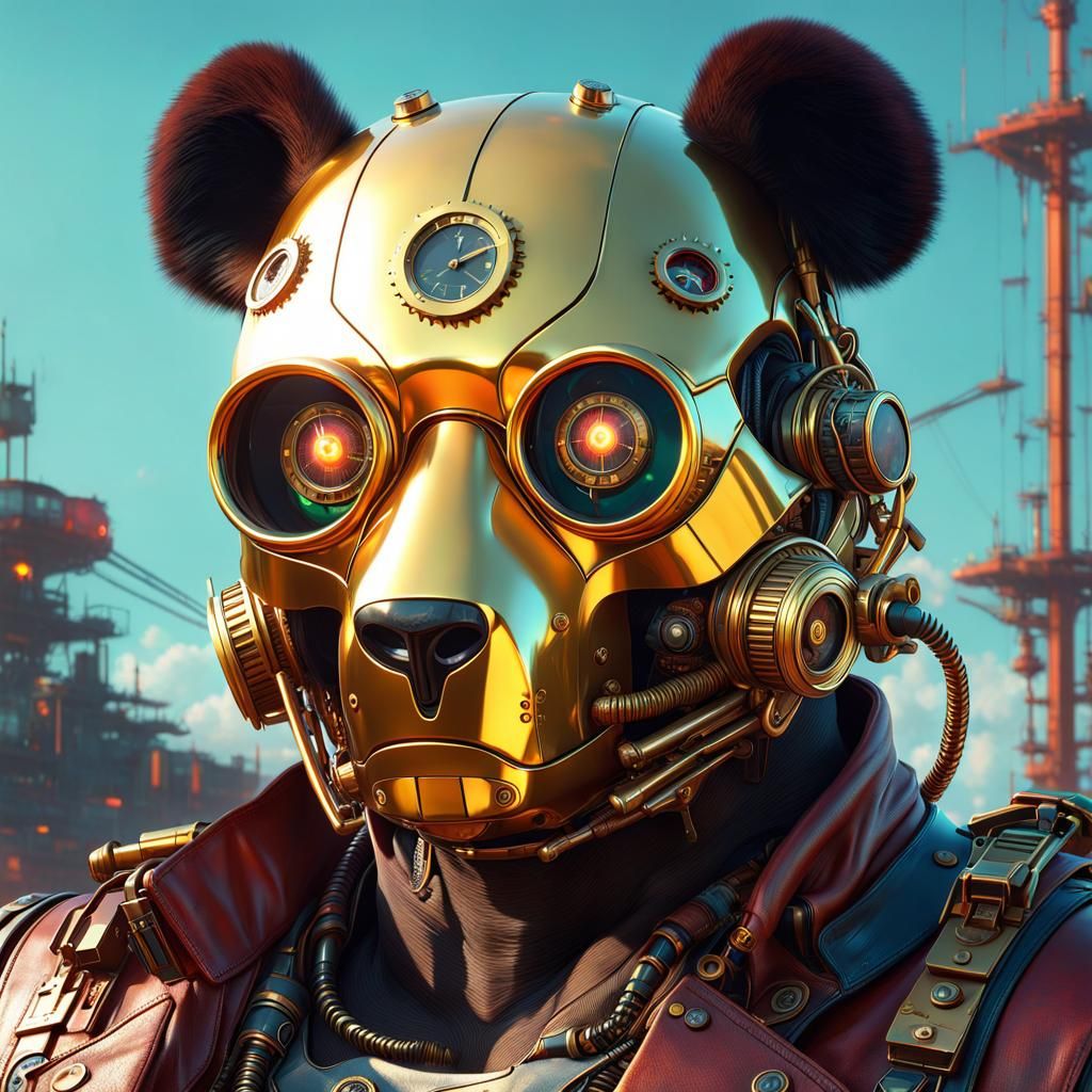 Steampunk Panda Terminator Portrait in 24K Resolution