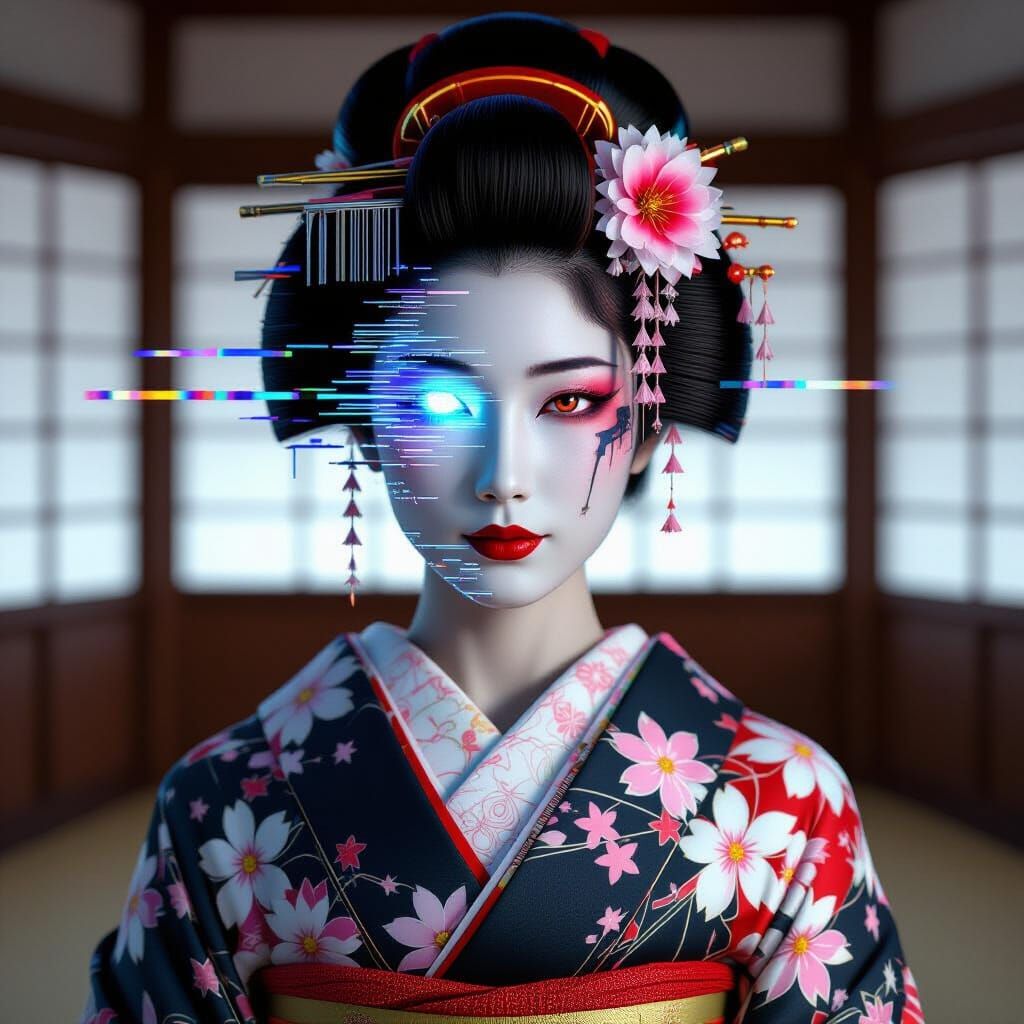 Glitch Art Geisha Portrait in Cyberpunk Style