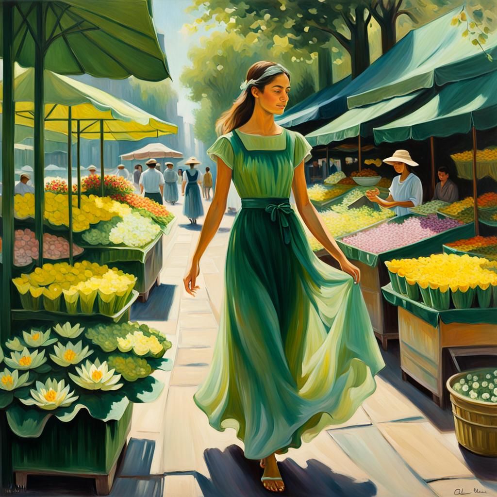 Girl Selling Flowers at Green Market as Oil Painting