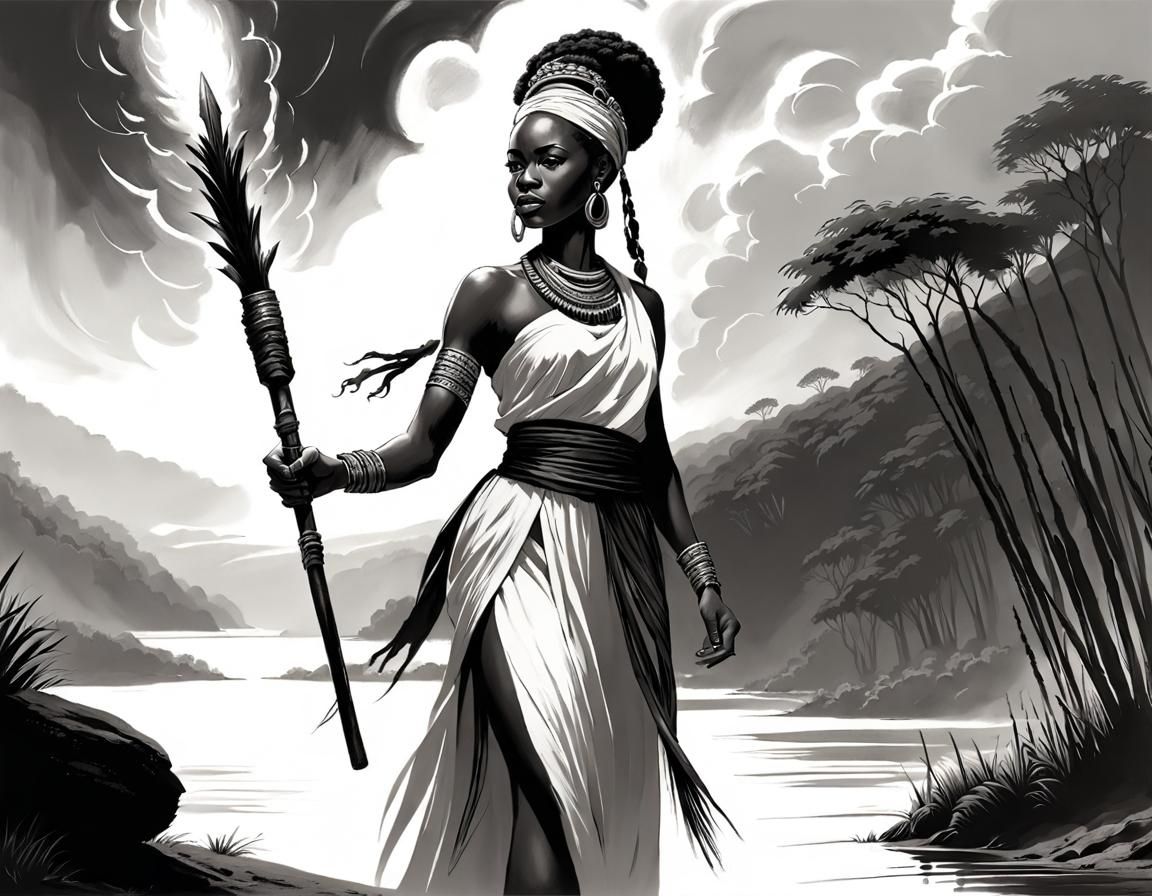 African Sorceress Casting Spell: Charcoal Drawing