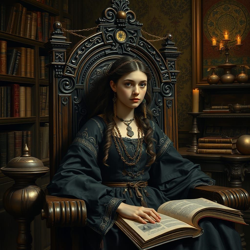 Medieval Sorceress in Alchemy Library as Dutch Painting