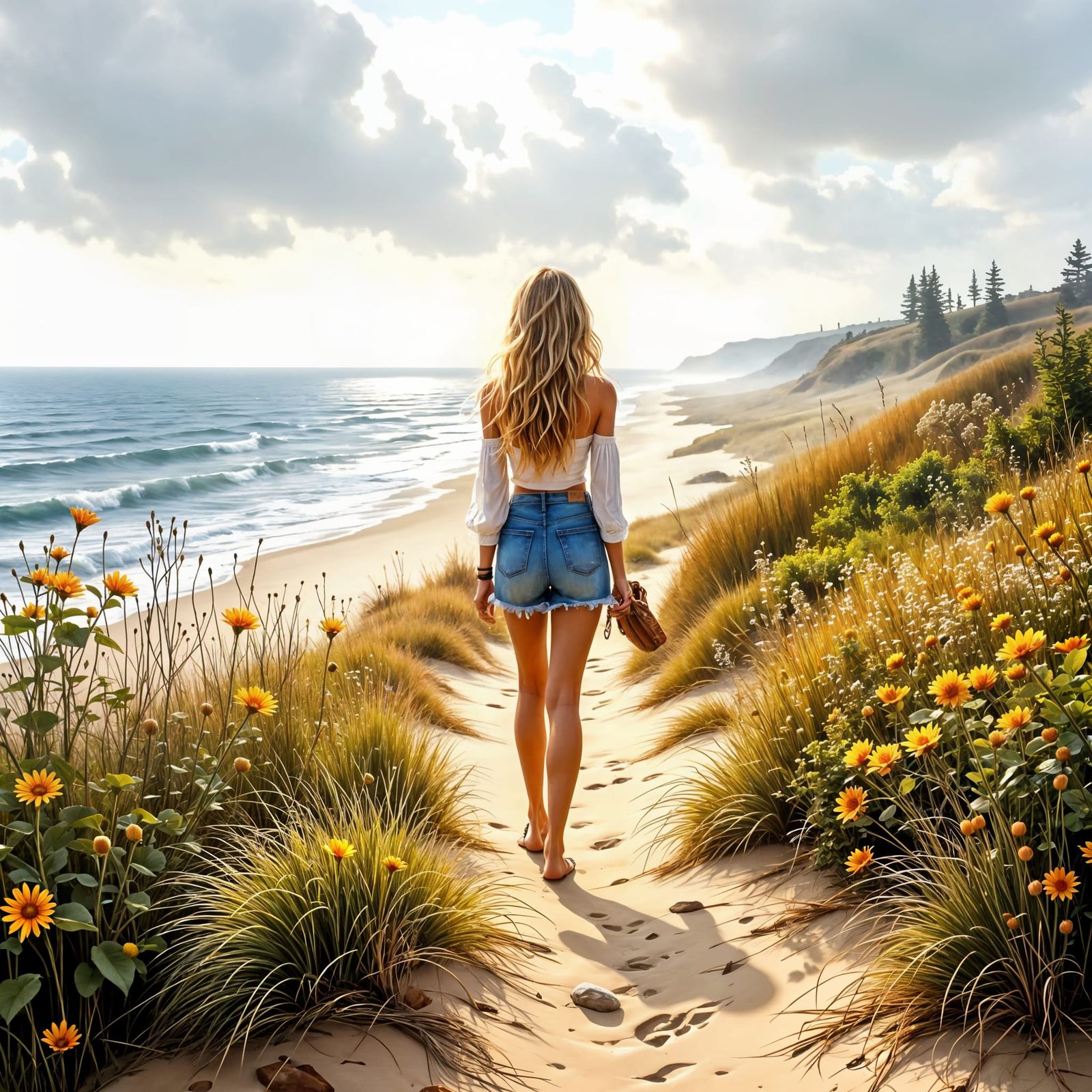 Blonde Woman Walks to Misty Ocean in Artistic Oil Portrait