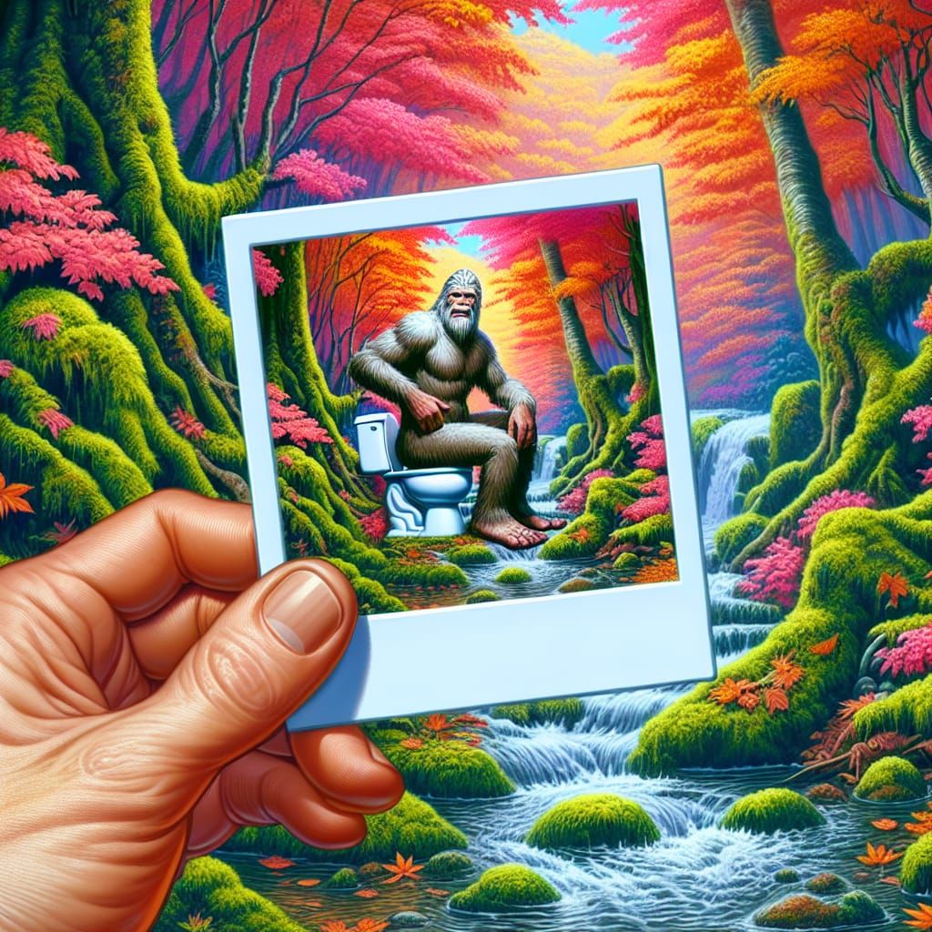 Bigfoot on Toilet in Polaroid Photo, Digital Matte Painting