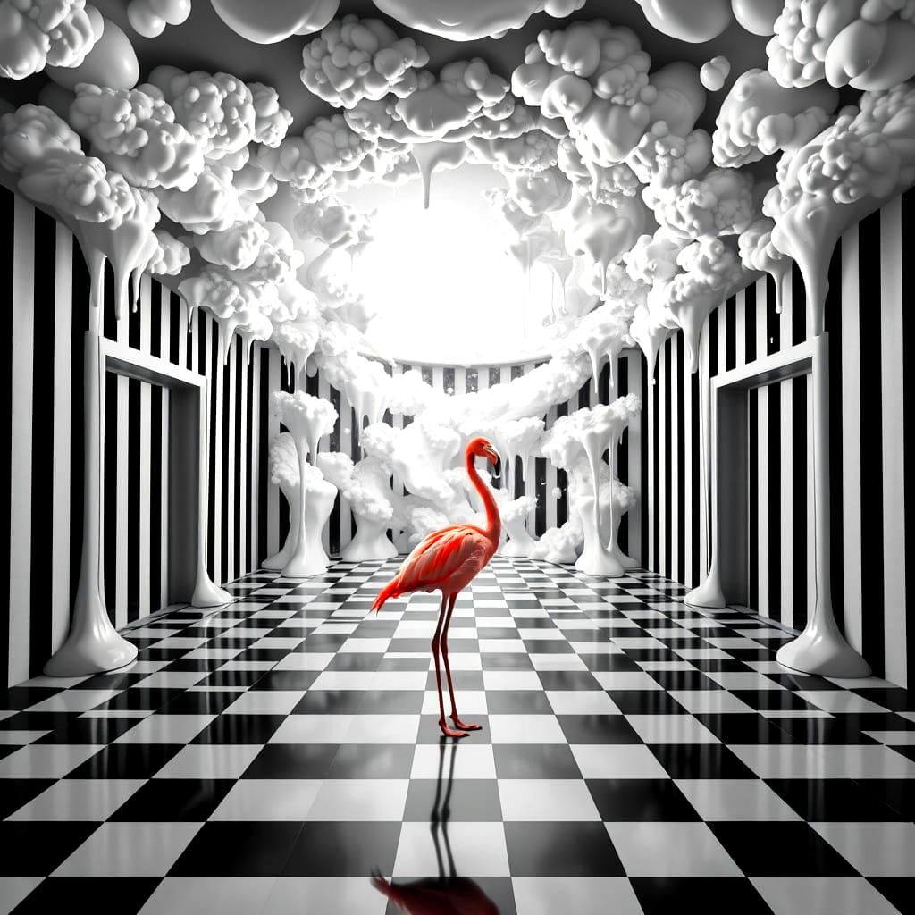 Surreal Black and White Striped Room with Melting Clouds and...