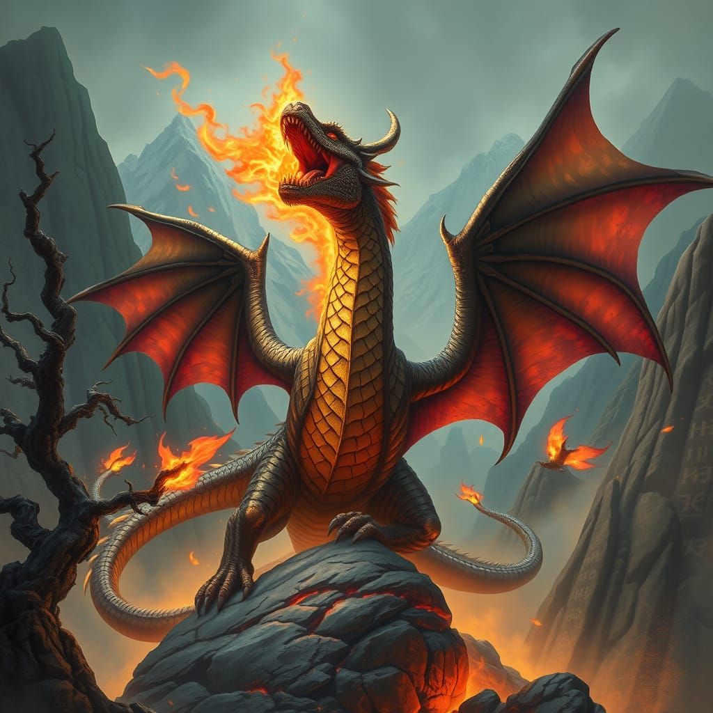 Dragon Unleashes Fiery Power Amidst Ancient Mountains
