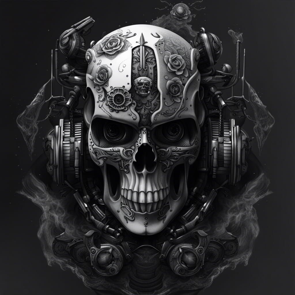 Skull Robot Tattoo Design in Black and White