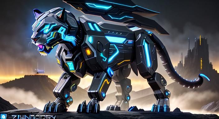 Cybernetic Panther Prowling Megacity at Night