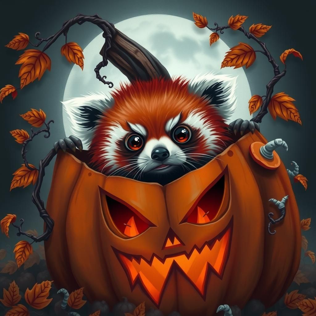 Red Panda in Halloween Pumpkin, Dreamlike Illustration