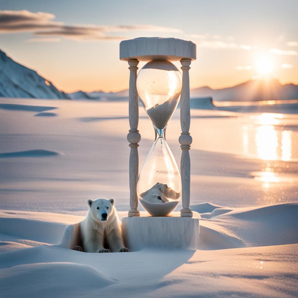 Polar Bear Watches Hourglass on Glacier at Sunset