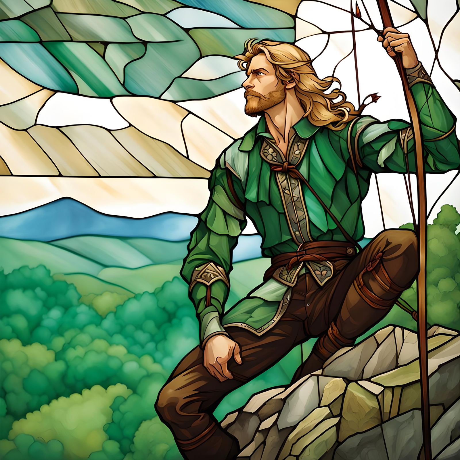 Man with Bow in Alphonse Mucha Stained Glass Style