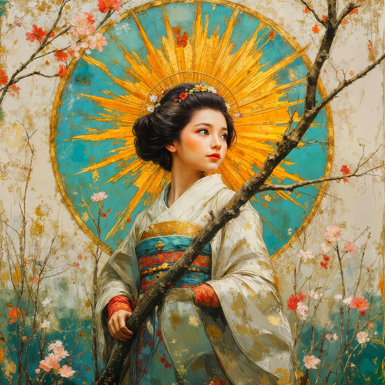 Geisha in Art Nouveau Setting with Sunburst Halo