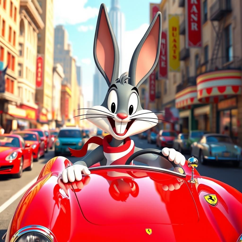 Bugs Bunny Drives Ferrari in Animated Cityscape