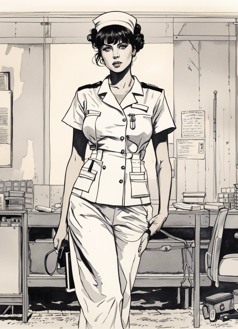 Nurse in Torn Uniform Ink Illustration