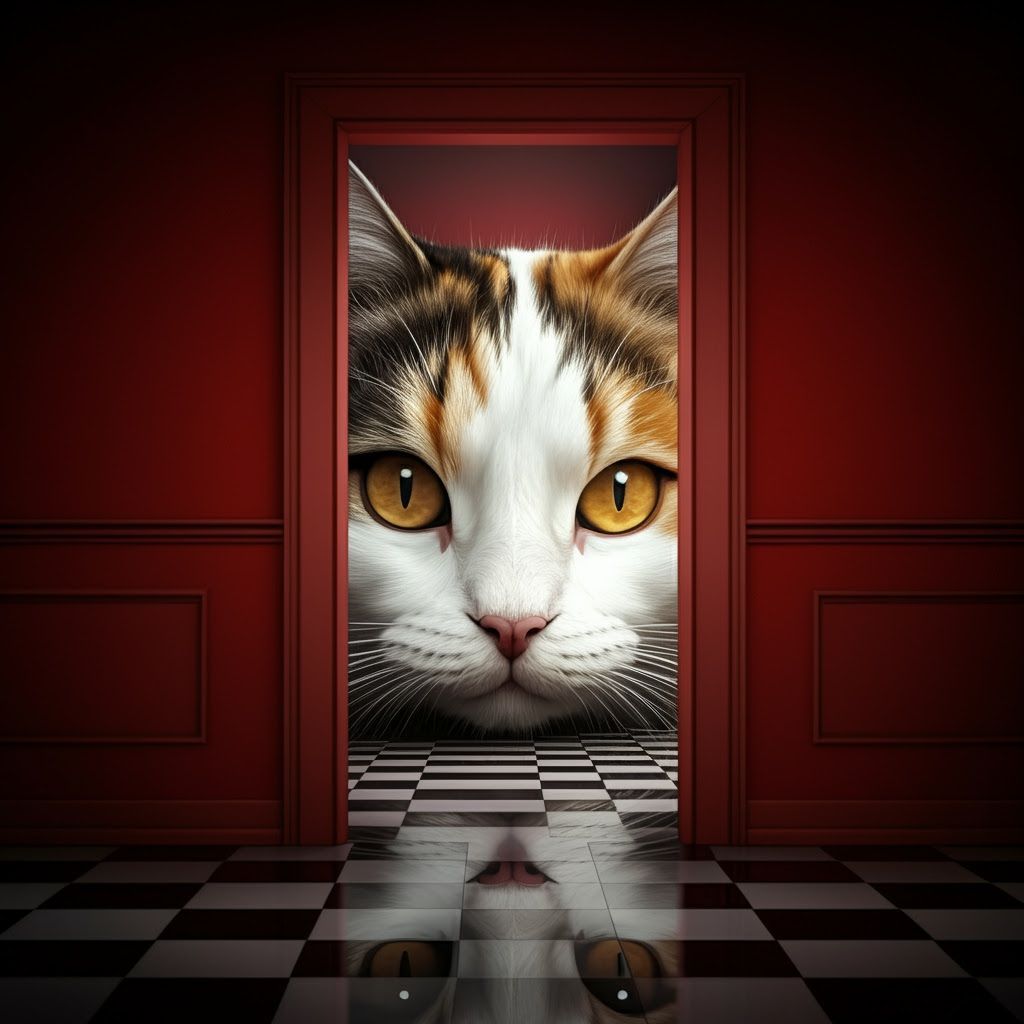 Giant Calico Cat Peering Through Doorway in Red Room