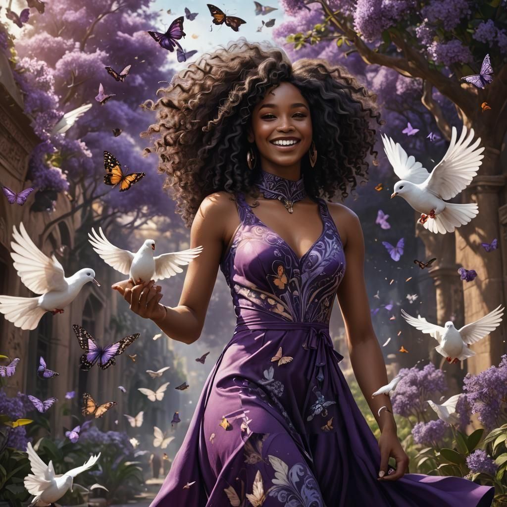 Black Woman with Dove and Butterflies, Digital Art