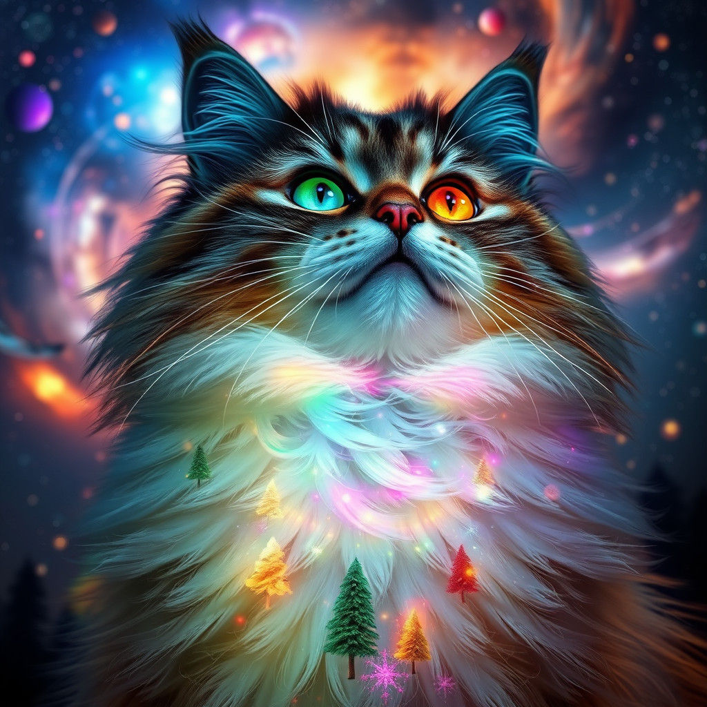 Ethereal Cat with Galaxy Fur, Hyperrealistic Dreamscape