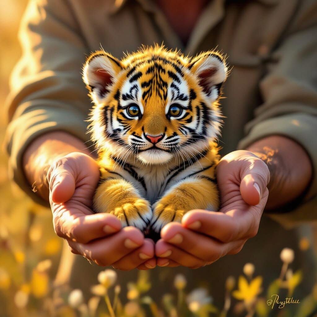 Adorable Fluffy Tiger Cub Held in Gentle Hands