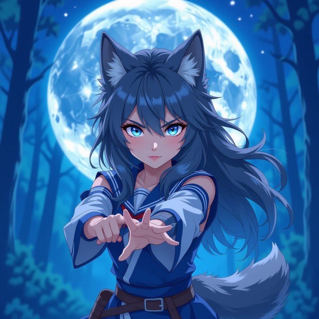 Anime Wolf-Woman in Moonlit Forest