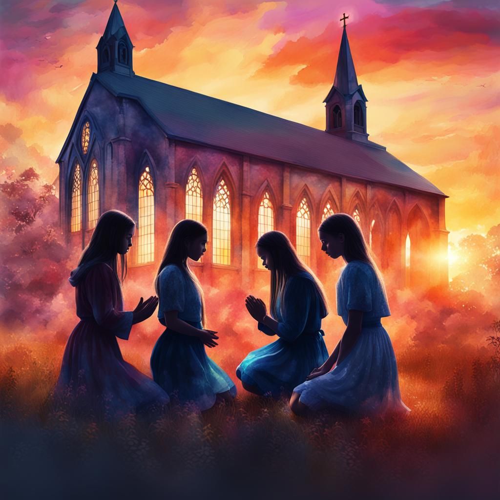 Fantasy Watercolor: Praying Figures at Sunset