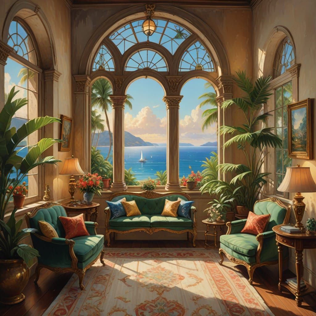 Elegant Tropical Oasis with Arched Window