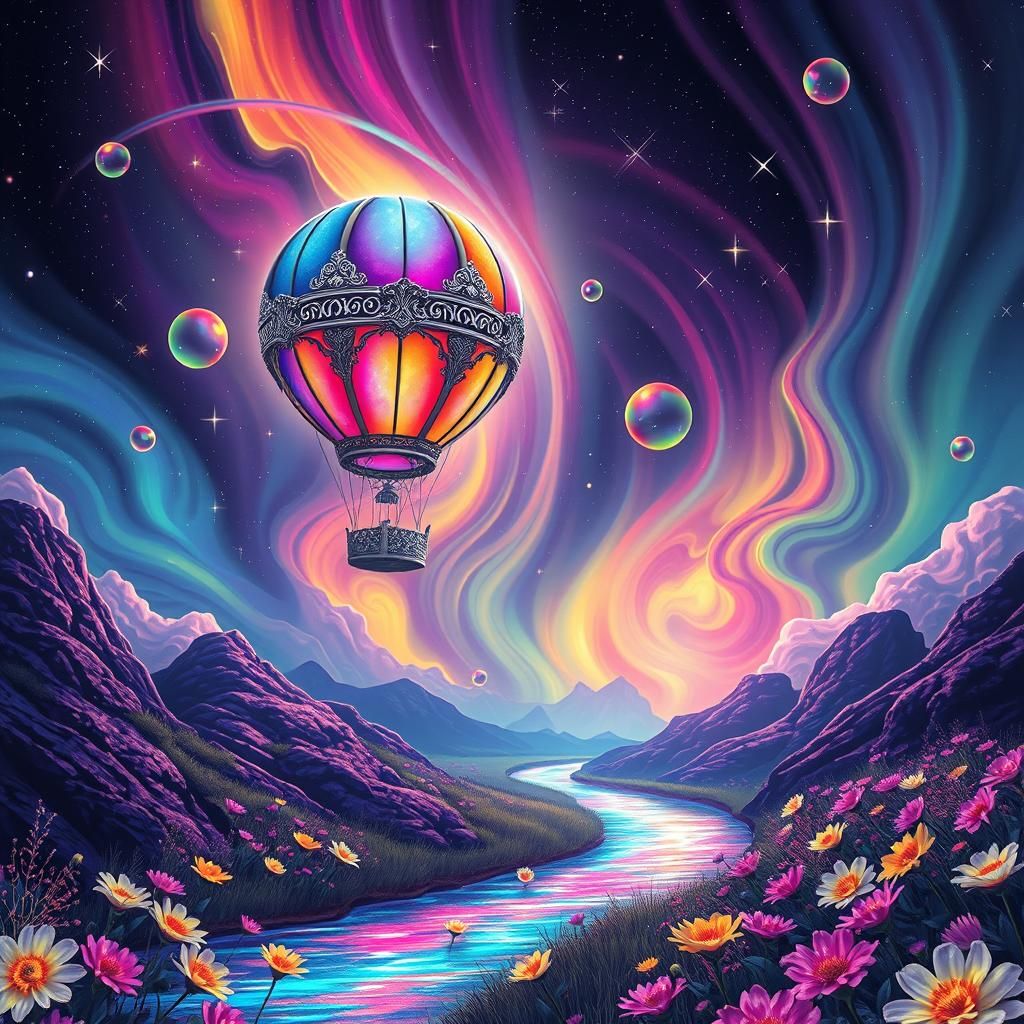 Neon Aurora Sky with Zeppelin in Astral Illustration