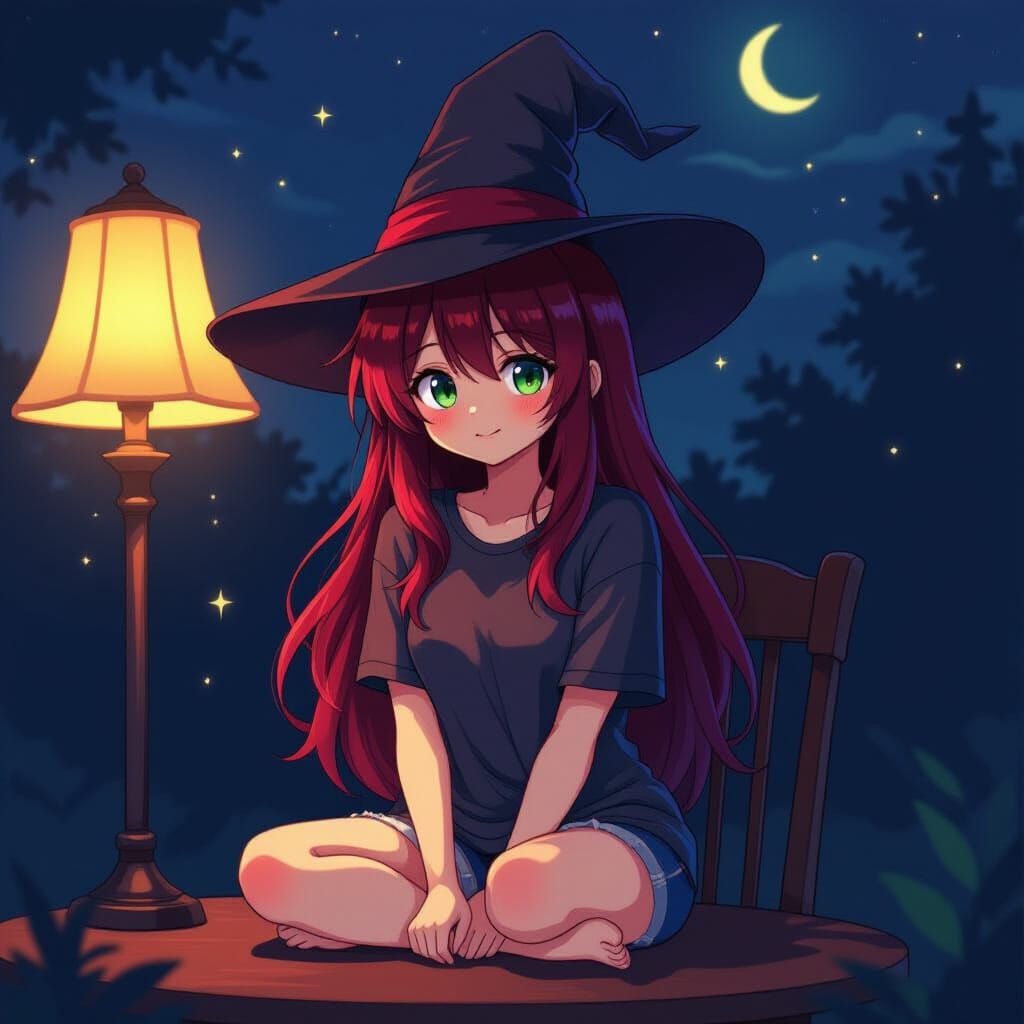 Crimson-Haired Anime Witch in Studio Trigger Style