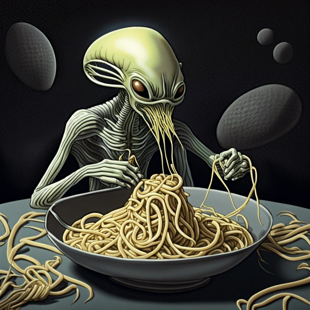 Alien Devours Spaghetti in Escher-like Dream