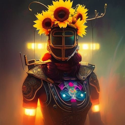 Cyberpunk Samurai Among Rococo Wildflowers