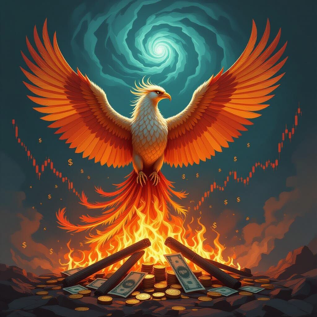 Phoenix of Money Rising from Burning Banknotes