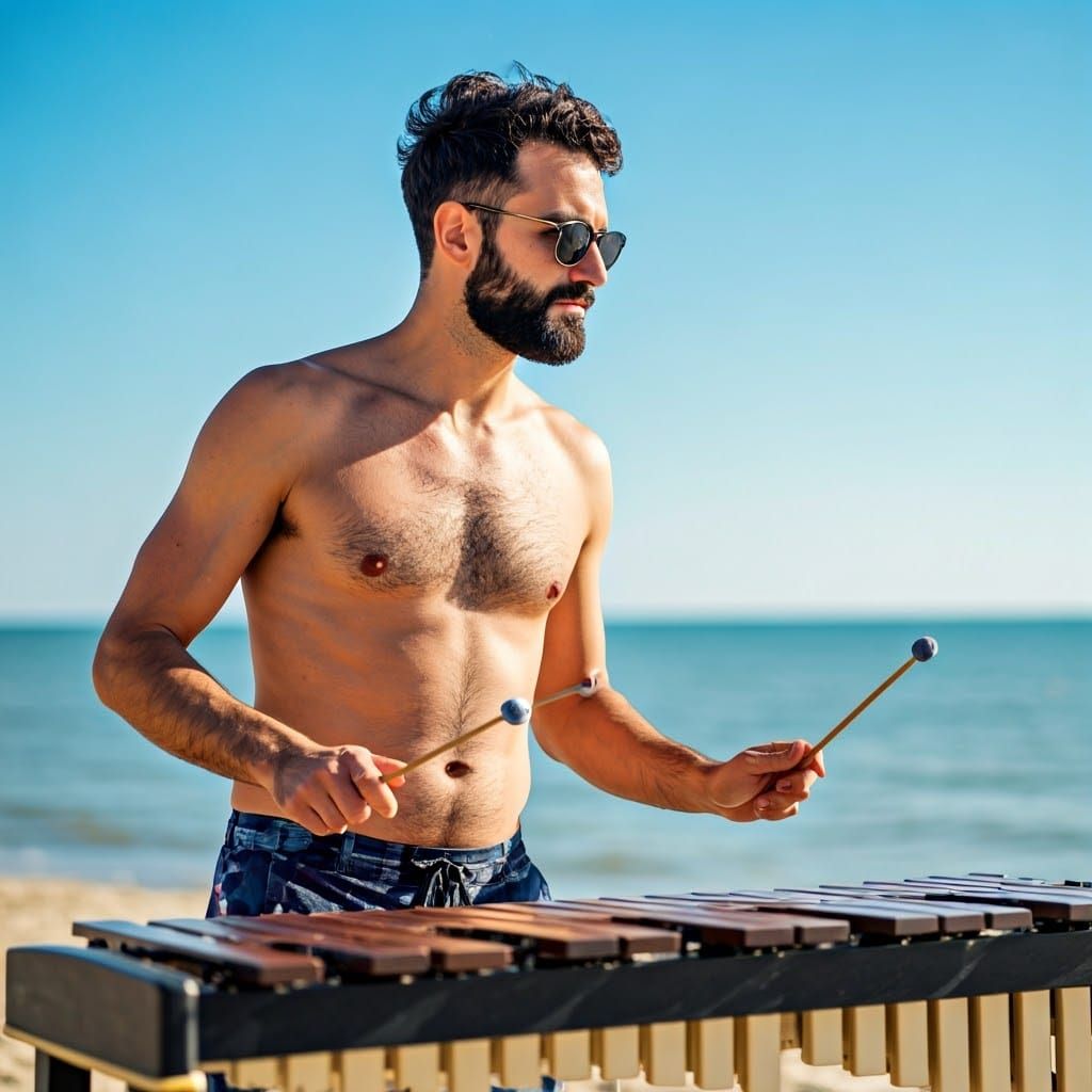 Bearded Musician Plays Xylophone on Summer Beach