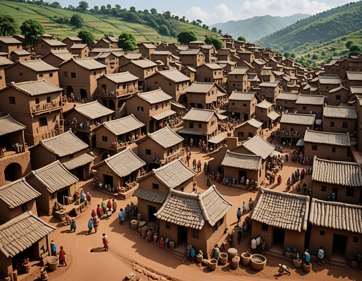 Surreal Clay Village Scene in a Distressed Watercolor Aesthe...