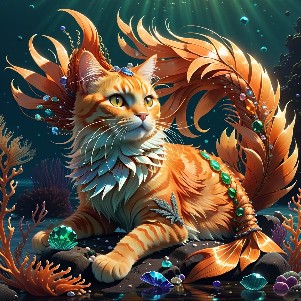 A majestic orange tabby cat mermaid with iridescent, swirlin...