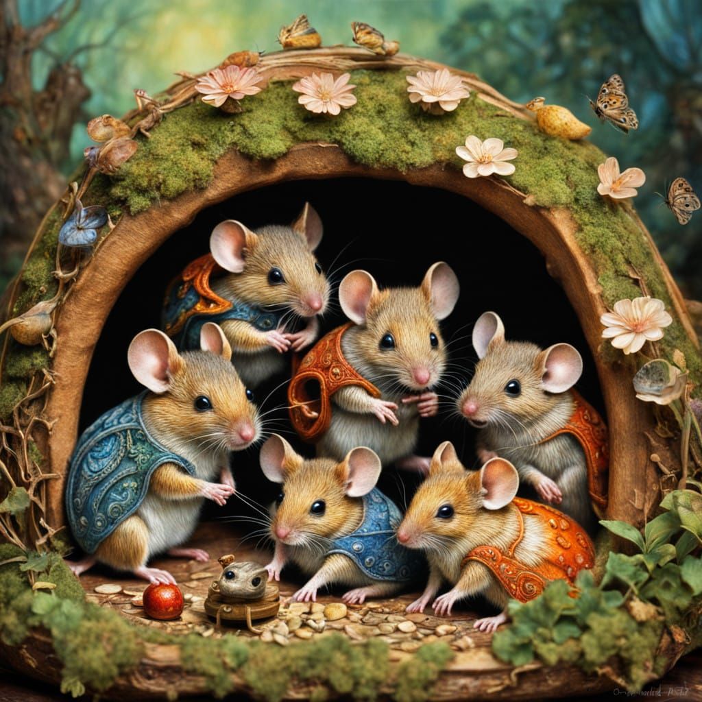 Idyllic Mouse Family in Whimsical Art Deco Burrow