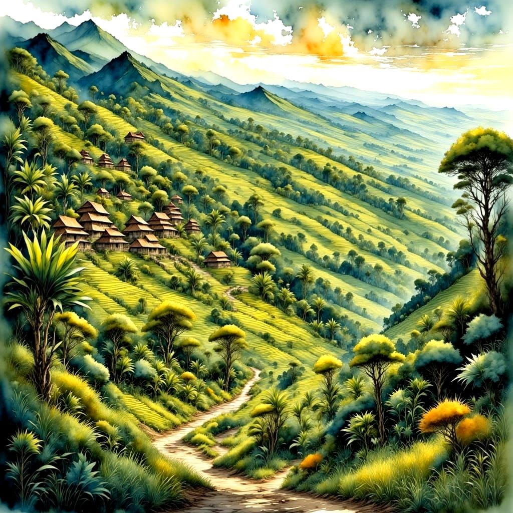 Vibrant Balinese Village Amidst Golden Hour Rice Paddies