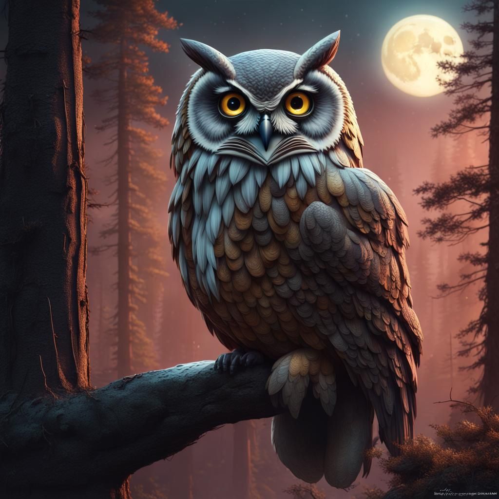 Owl Head Design with Forest and Moon, Detailed Painting
