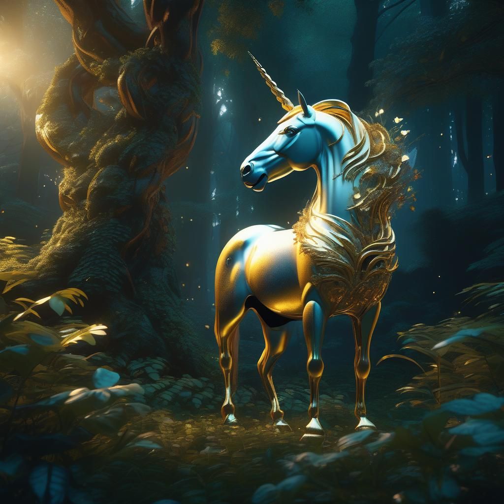 A unicorn with a spiraling, golden horn, standing amidst glowing, magical flora in a mystical forest.