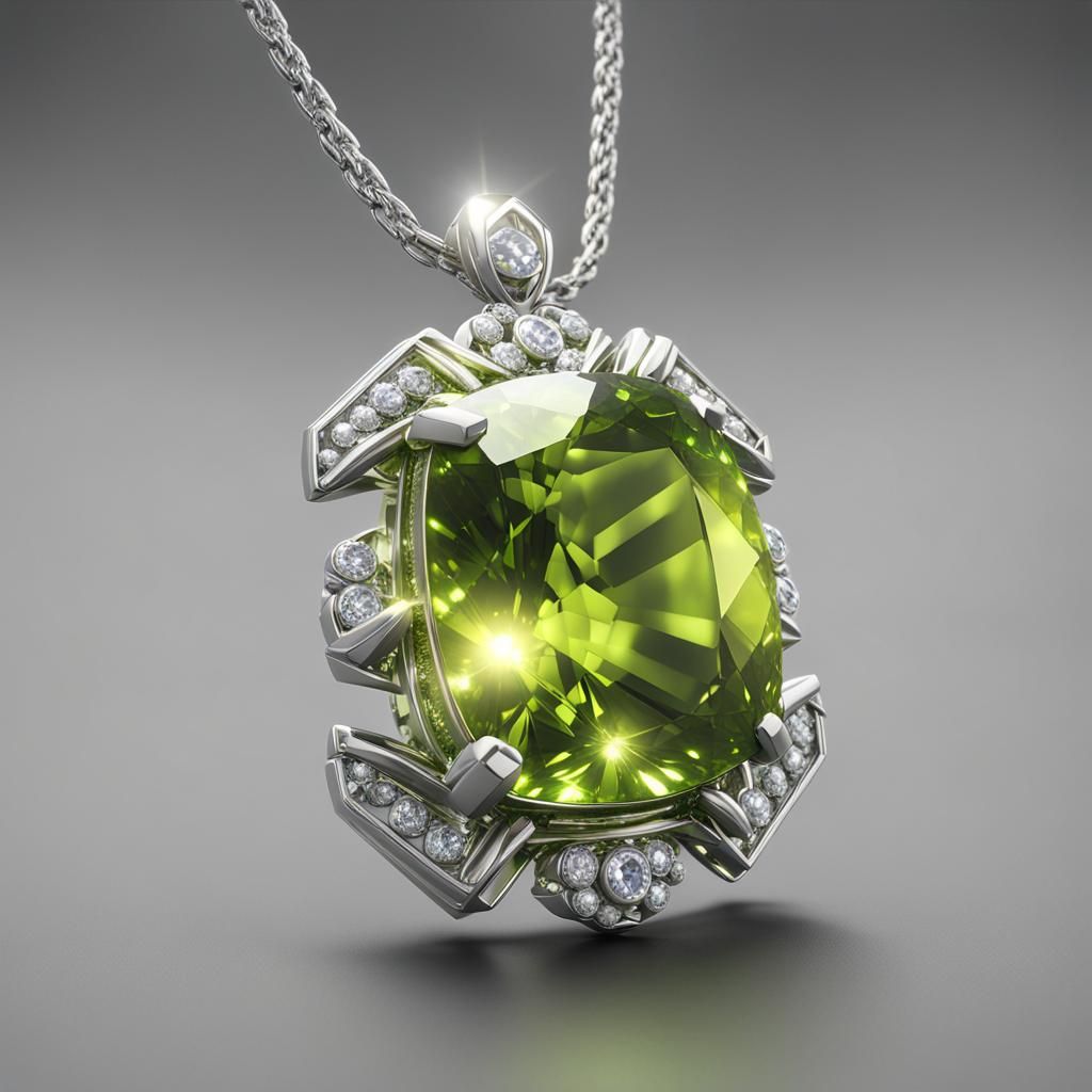 Silver Peridot Pendant with Diamonds, 3D Render