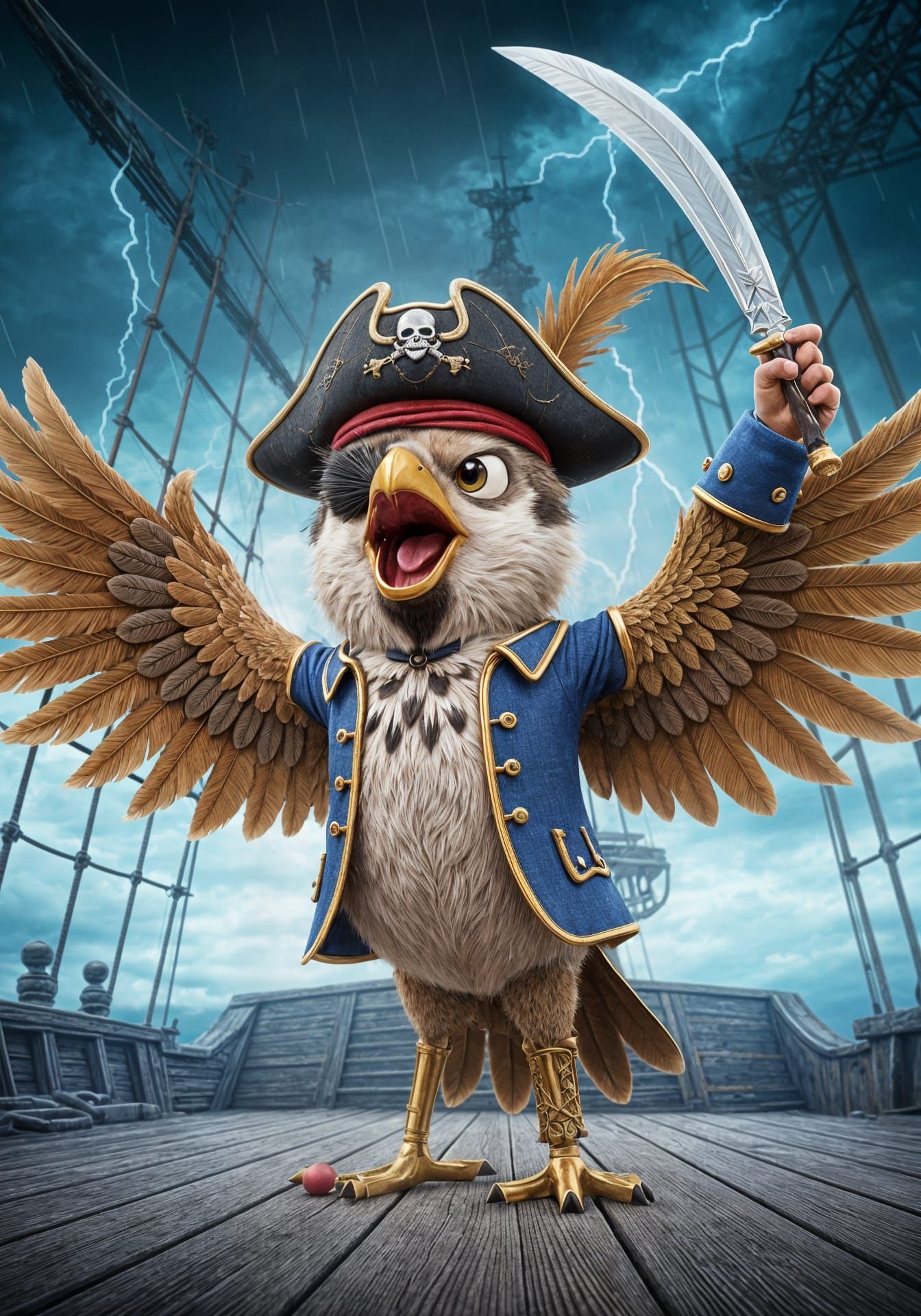 Sparrow as Pirate in Stormy Seas, 3D Cartoon