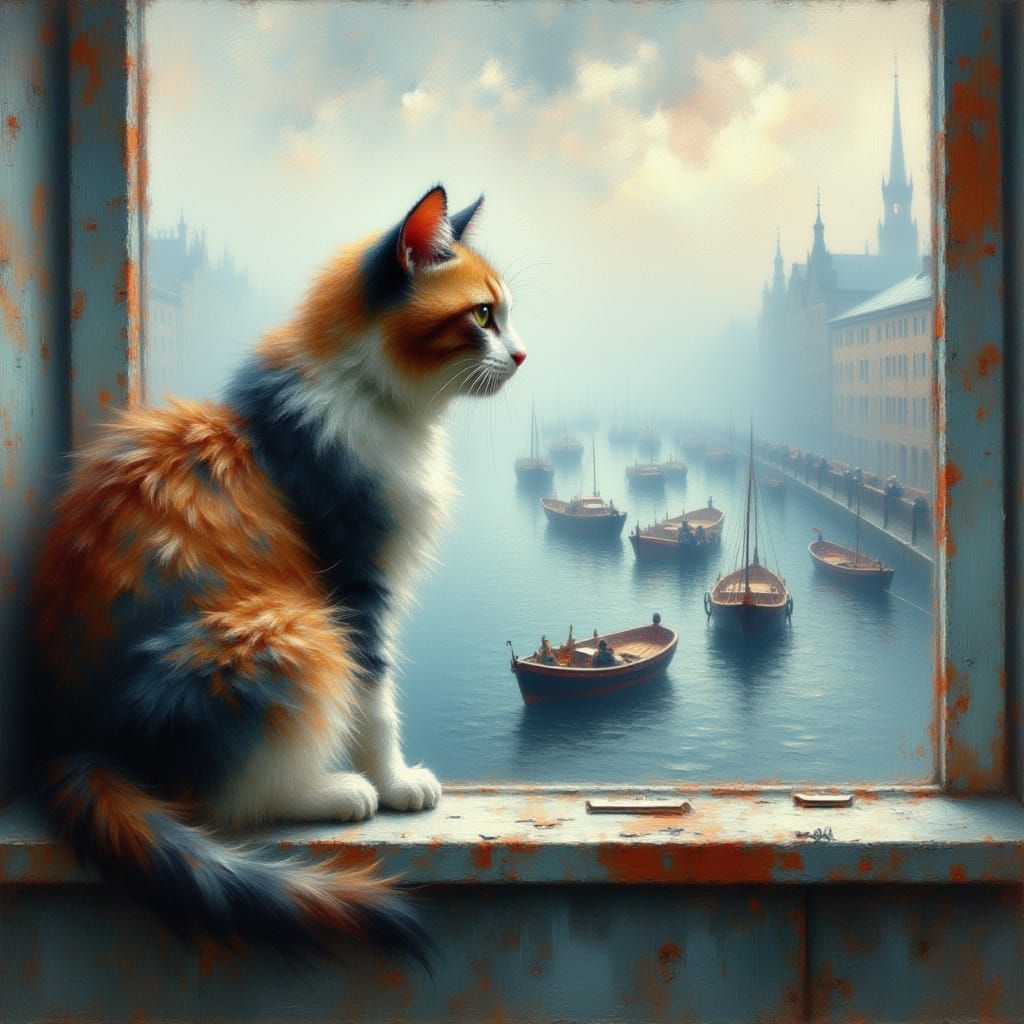 Cat Observes Sailboats in Impressionist Style