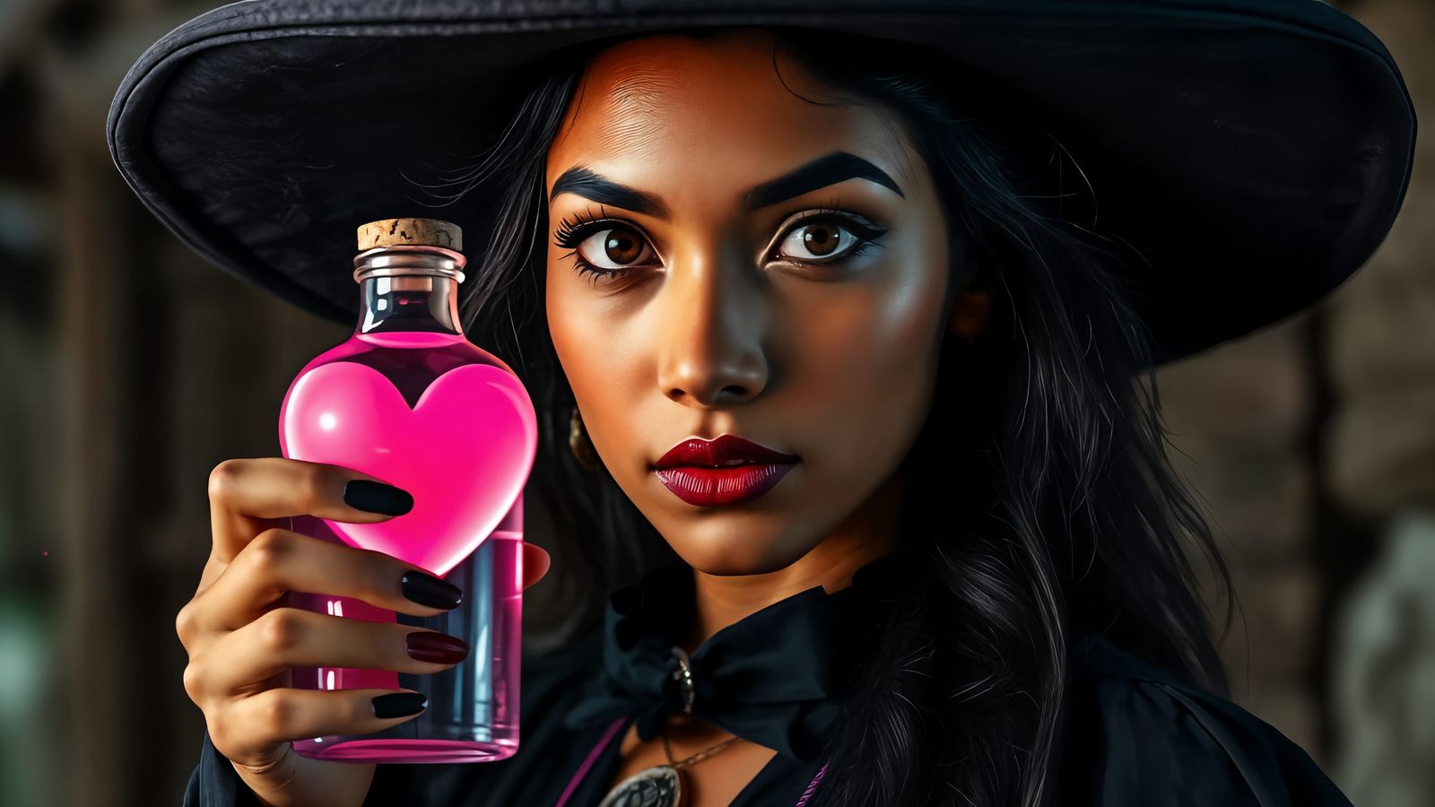 Mystical Witch with Love Potion, Hyperrealistic Art