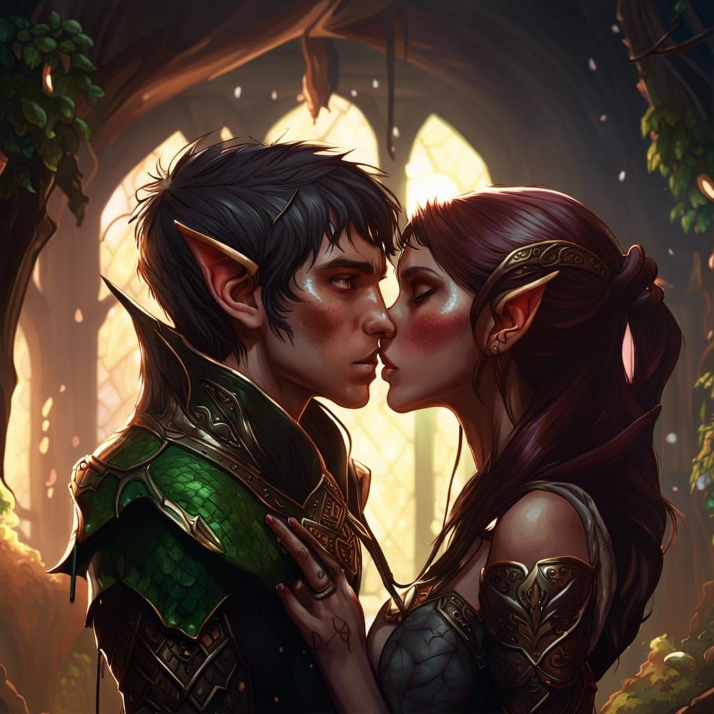 Elves Kissing: Dark Fantasy Art in 8K