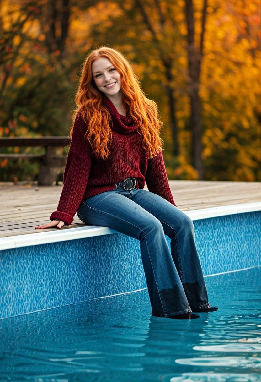 Redhead Enjoys Autumn Pool Day in Sunny Backyard