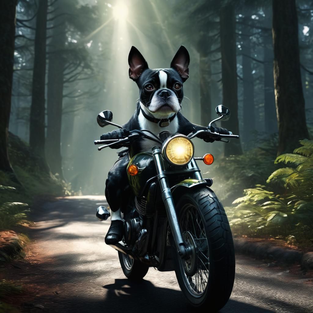 Boston Terrier on Motorcycle in Forest: Matte Painting