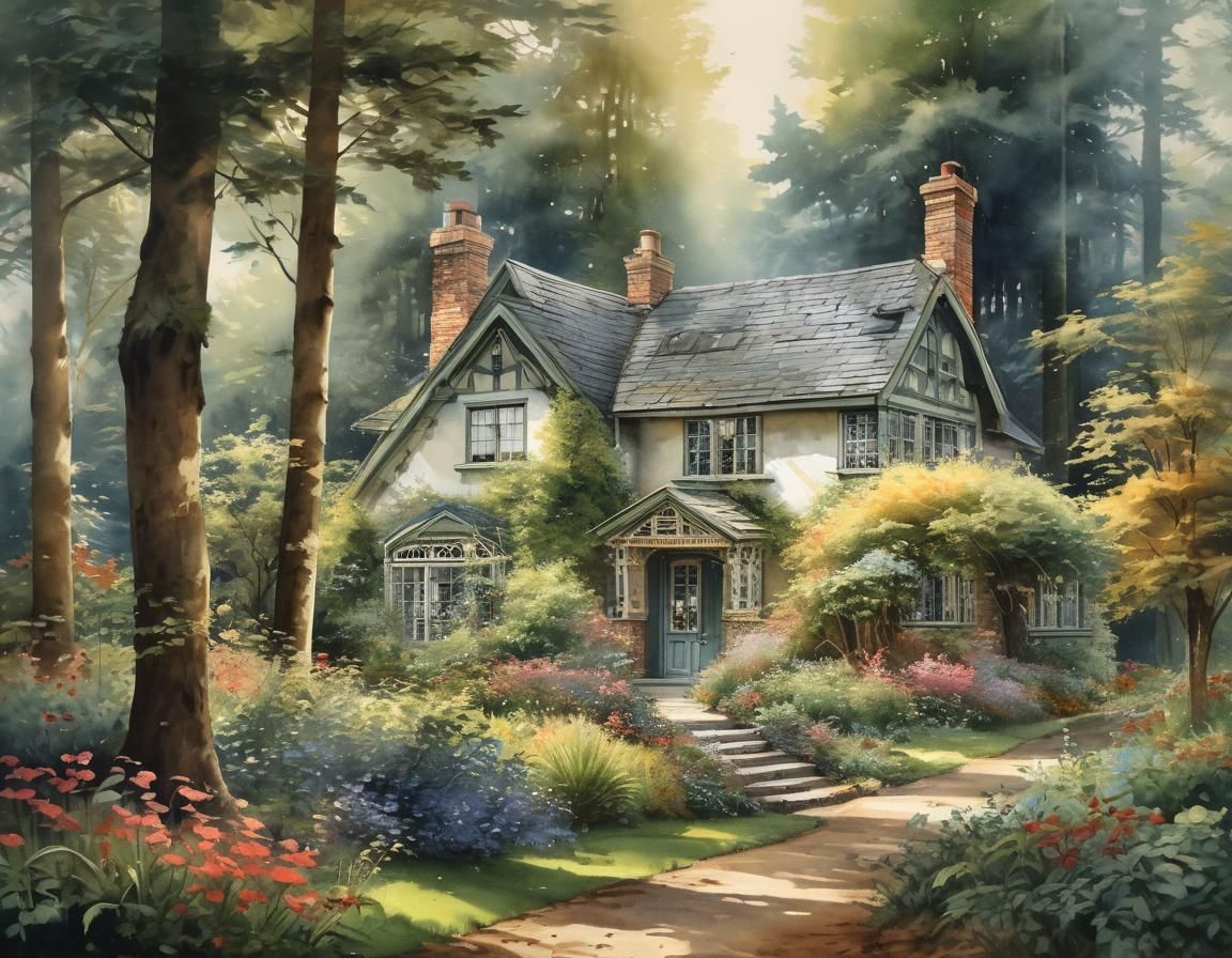 Romantic Watercolor Cottage in Forest, Art Deco Style