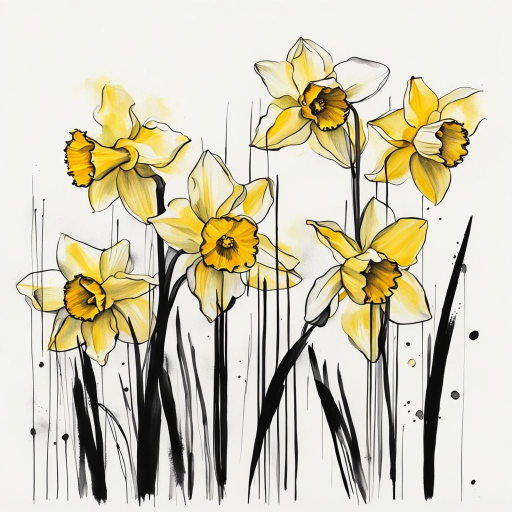 Minimalist Daffodils Ink Drawings in Acrylic Style