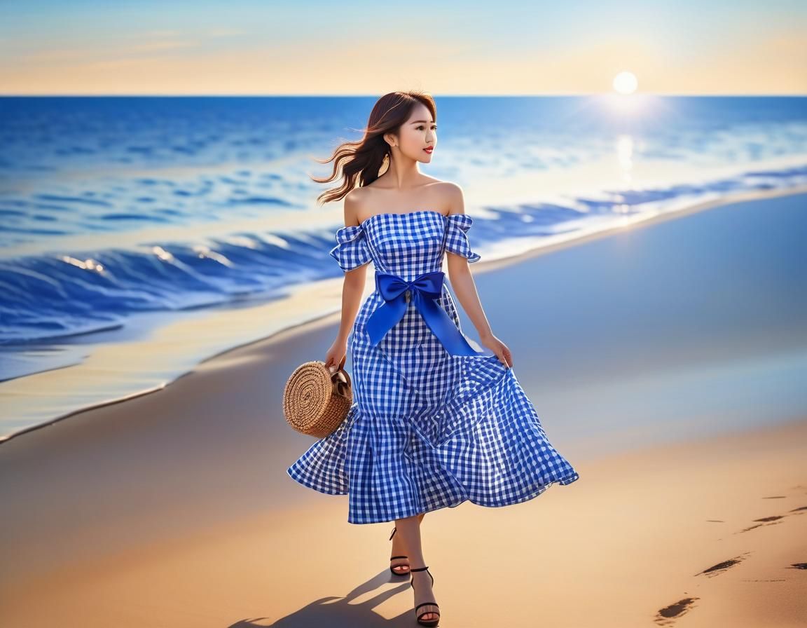Japanese Woman in Gingham Dress on Beach at Sunset