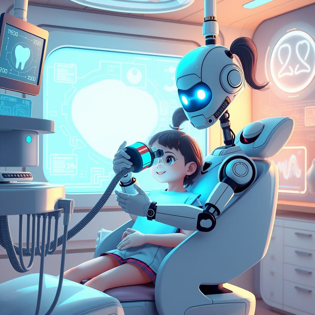 Girl in Futuristic Dentist Chair, Digital Art