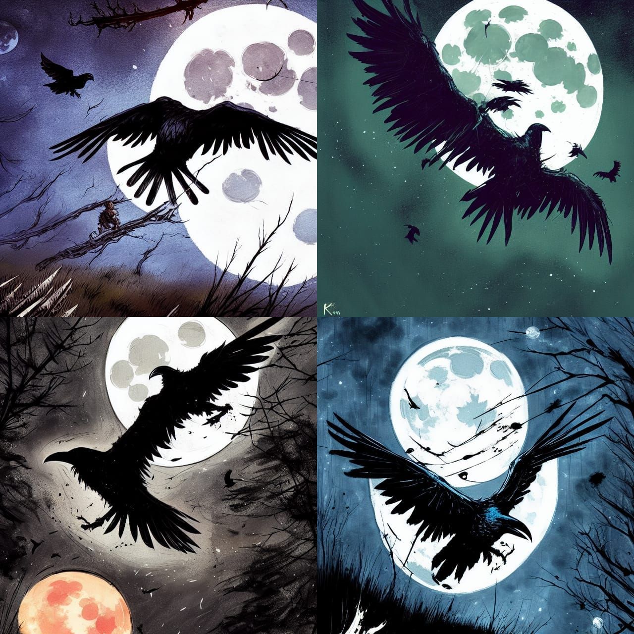 Moonlit Raven in Flight: Horror Style Digital Art